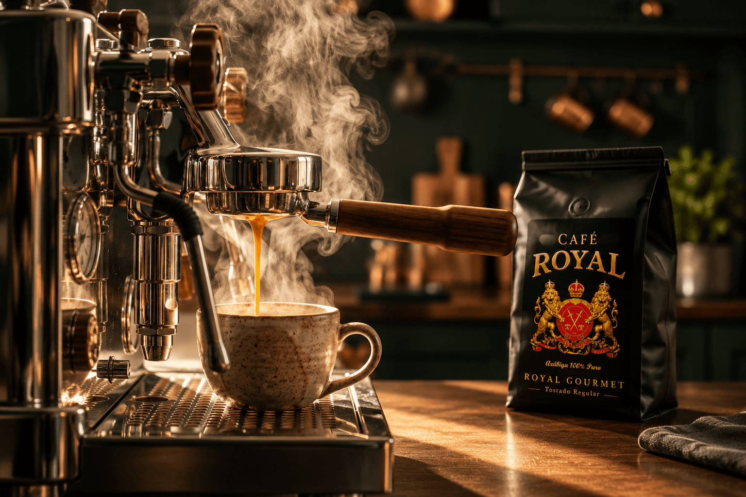 Estación de café con productos Café Royal e insumos para negocio