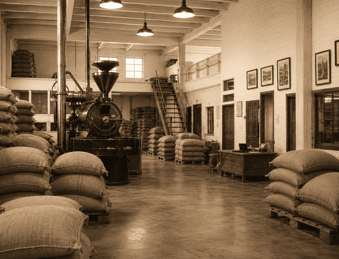 Bodega histórica de Café Royal con tostador y sacos de café